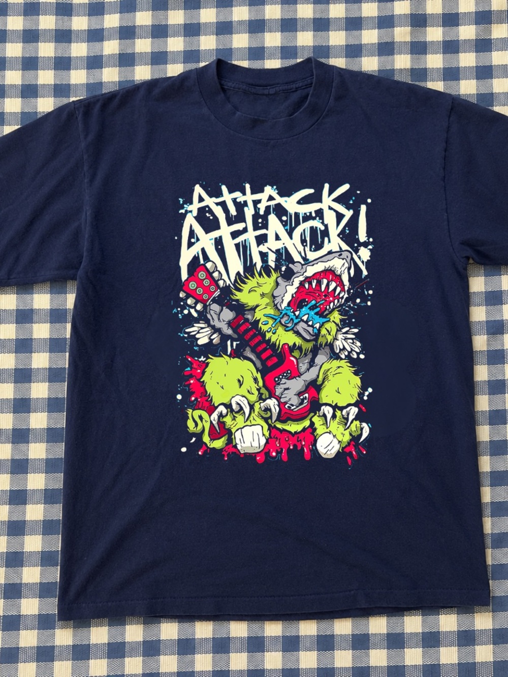 'Attack' Graphic Tee in Navy with Neon Print